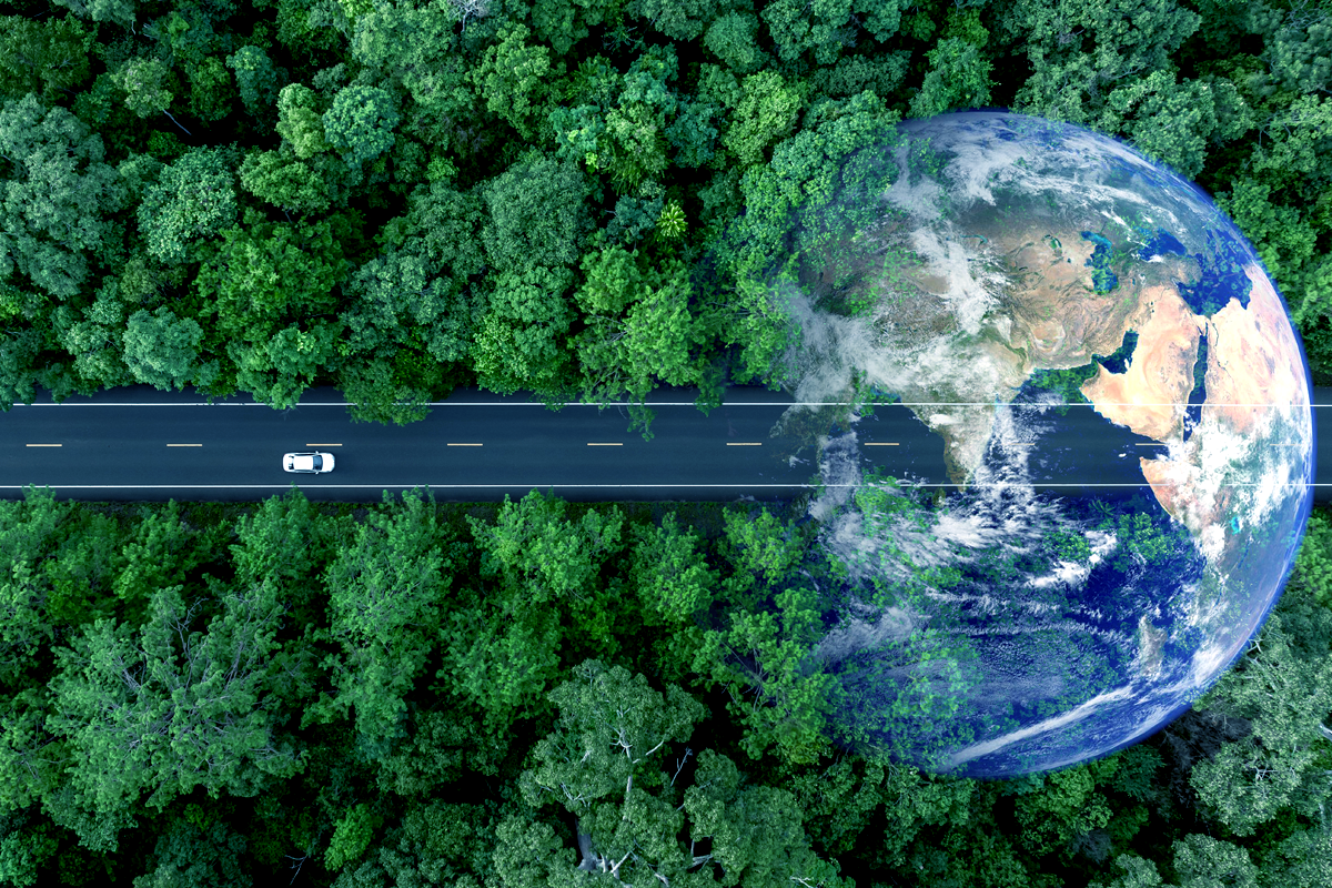 Eine Abbildung zum Thema EU Regulatorik Kreislaufwirtschaft, auf dem Bild ist ein Wald mit einer Straße von links kommend und einem Auto zu sehen, die in die Erde am rechten Rand des Bildes münded.