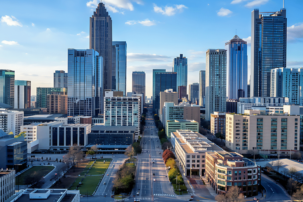 Skyline of Atlanta city with modern skyscrapers and green spaces under a clear sky
