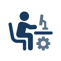 Icon of a person at a laptop with a gear under the desk representing Chief Information Officer