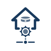 Icon showing a house with a circle inside, a gear, and a line at the bottom