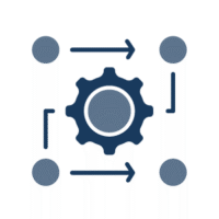 A central gear connected by arrows to four points in the corners, illustrating a structured, interconnected system