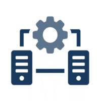 Icon of two computers connected by a gear and lines, representing networked systems or process integration of infrastructure