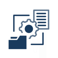 Icon showing a folder, a gear, and a document, representing IT integration or workflow management