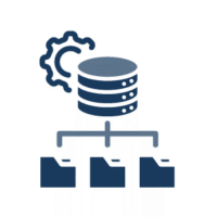 Icon showing three files at the bottom, lines with circles and dots extending upward, with a gear in the background