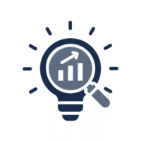 Light bulb with rising bar chart, arrow, and magnifying glass