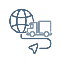 Icon of a globe with a large truck in front, symbolizing global trade compliance