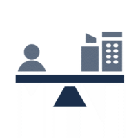 Scale with person on one side and factories on the other – symbol for talent acquisition