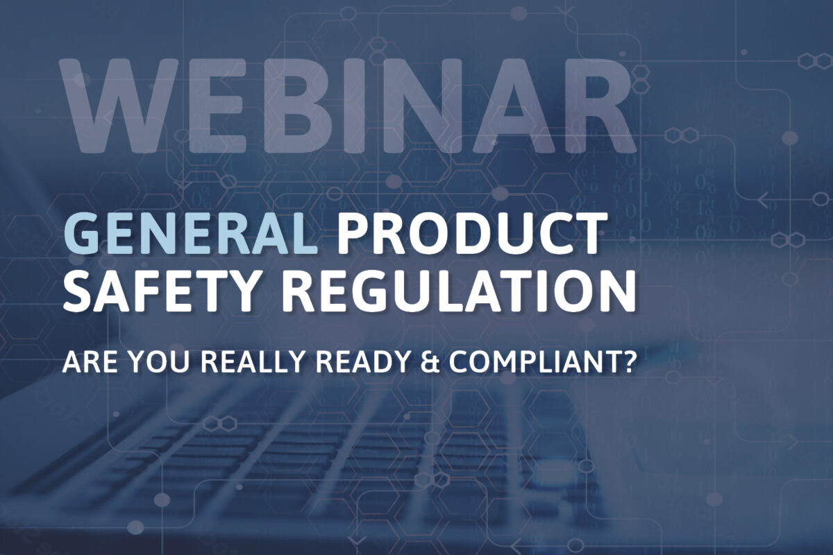 Das Bild zeigt die Ankündigung zum online Webinar zur General Product Safety Regulation (GPSR) - Are you really ready & compliant?. Im Hintergrund ist eine Tastatur und digitale Grafikelemente mit blauem Filter darüber zu sehen.