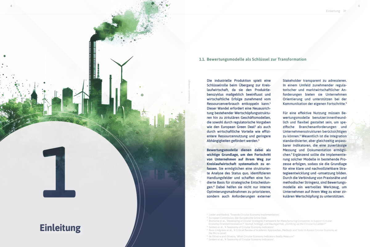 Whitepaper Kapitel 1 Seitenabbildung, eine Industrie Skyline in grün und Aufschrift "1 Einleitung"