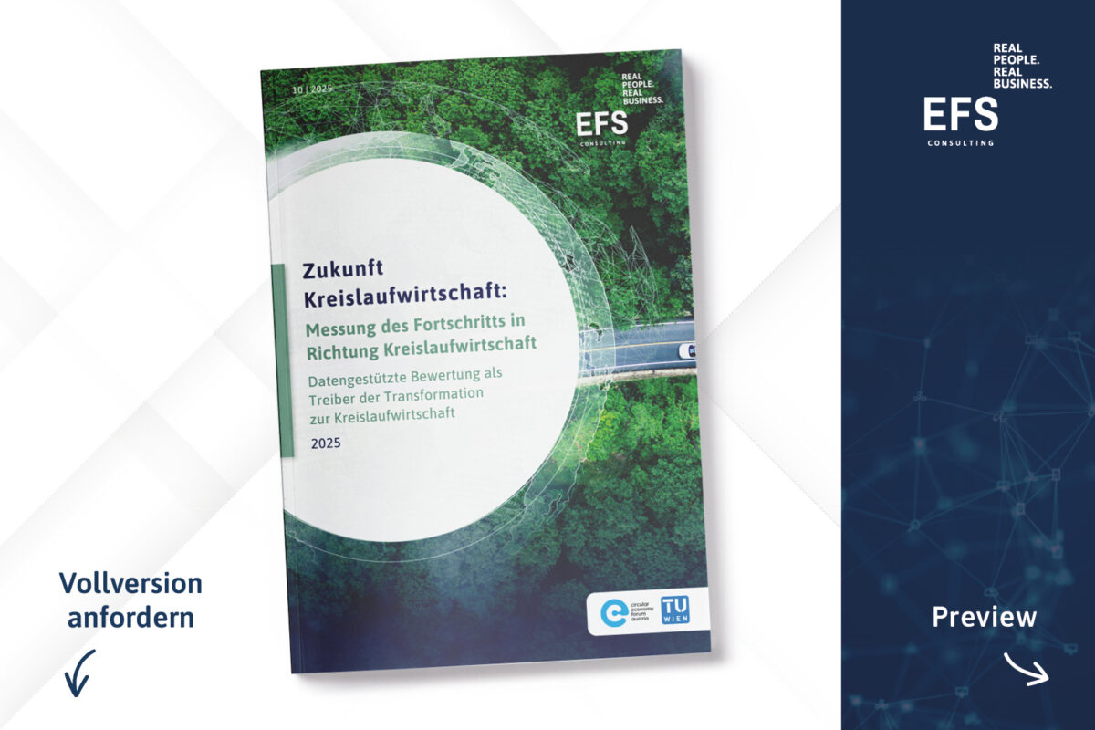 EFS Consulting Publikation Titelbild Luftaufnahme von einem Wald mit einer Straße von rechts kommend und einer weiß tranparenten Weltkugel am linken Rand, mit Aufschrift „Zukunft Kreislaufwirtschaft: Messung des Fortschritts in Richtung Kreislaufwirtschaft. Datengestützte Bewertung als Treiber der Transformation zur Kreislaufwirtschaft“. Hinweis zu "Preview" rechts seitlich und "Vollversion anfordern" links seitlich.
