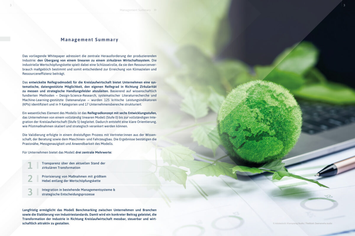 Management Summary eines Whitepapers zum Thema Messung des Fortschritts in Richtung Kreislaufwirtschaft auf der linkedn Seite & rechts ist in grün die Welktugel in 3D abgebildet und der Hintergrund ist verschwommen in grün, schwarz und weiß.