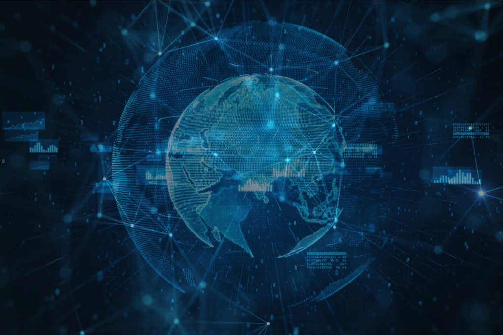 globe with blue lines and nets symbolizing the data flow around the globe.