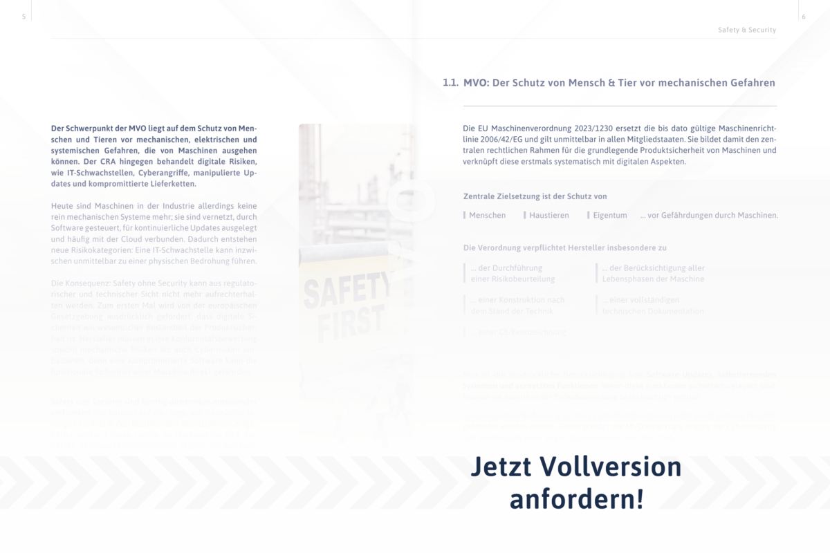 Übersichtsseite zur EU Maschinenverordnung mit Fokus auf den Schutz von Menschen, Tieren und Sachwerten vor mechanischen Gefahren sowie einem Call-to-Action zur Anforderung der Vollversion des Whitepapers.