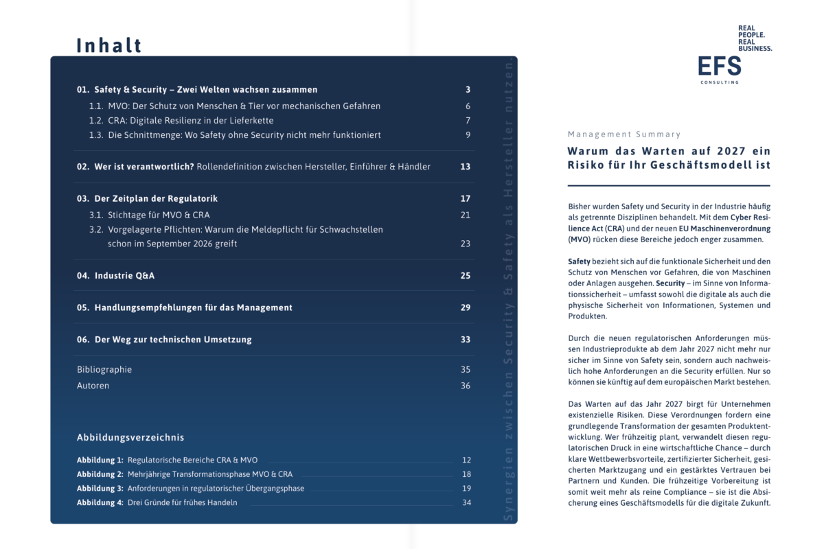 Die Grafik zeigt eine Doppelseite eines Fachdokuments mit Inhaltsverzeichnis und Management Summary. Im Fokus stehen die Themen Cyber Resilience Act (CRA), Maschinenverordnung (MVO) sowie die zunehmende Verbindung von Safety und Security in der Industrie. Das moderne Layout in Dunkelblau und Weiß vermittelt Professionalität und technische Expertise.