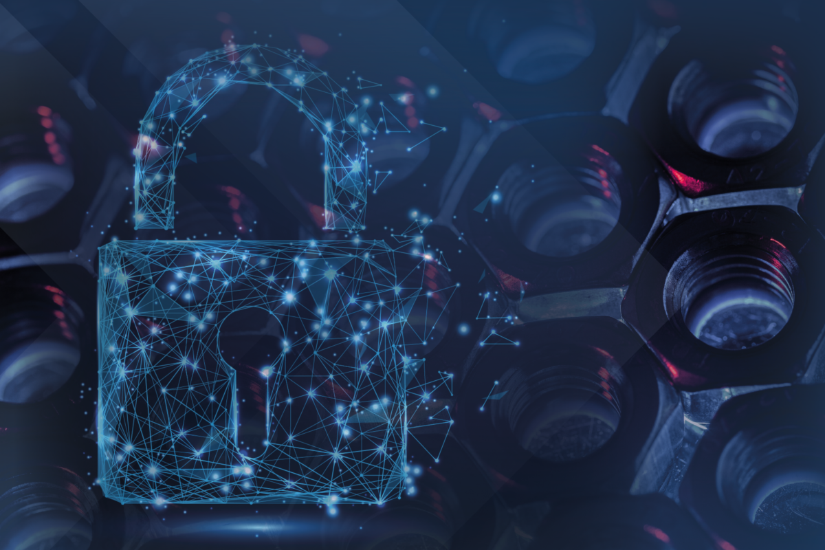 Das Bild zeigt ein digital dargestelltes Vorhängeschloss über industriellen Metallkomponenten – symbolisiert die Verbindung von Cybersecurity und physischer Produktsicherheit in der Industrie.