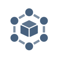 Icon für Aftersales-Teilelogistik und Supply-Chain-Netzwerk mit zentralem Bauteil und verbundenen Knoten.