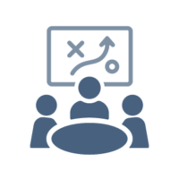 Icon für Aftersales-Strategie mit Teammeeting und taktischem Plan auf Präsentationsboard.