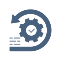 Icon für Circular Aftersales mit kreisförmigem Prozess und geprüftem Zahnrad.