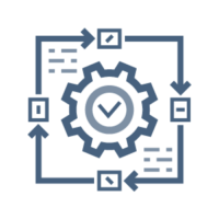 Icon für digitalen Aftersales mit vernetztem Zahnrad und digitalen Prozesspfeilen.