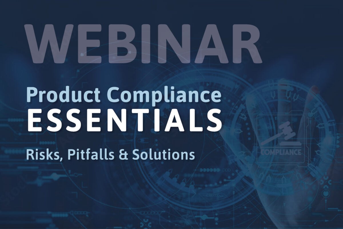 Dunkles Webinar-Banner mit der Aufschrift „Product Compliance Essentials – Risks, Pitfalls & Solutions“ vor technischem Hintergrund mit digitalem Schlüsselsymbol.