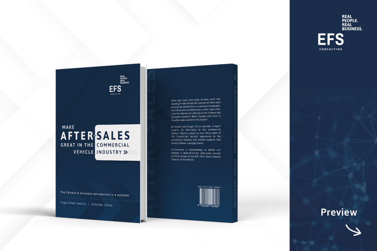 EFS Consulting Publikation Cover von Buch mit dem Titel "Make After-Sales great in the commercial vehicle industry. The Chinese & European perspective in a nutshell." Preview" rechts seitlich.