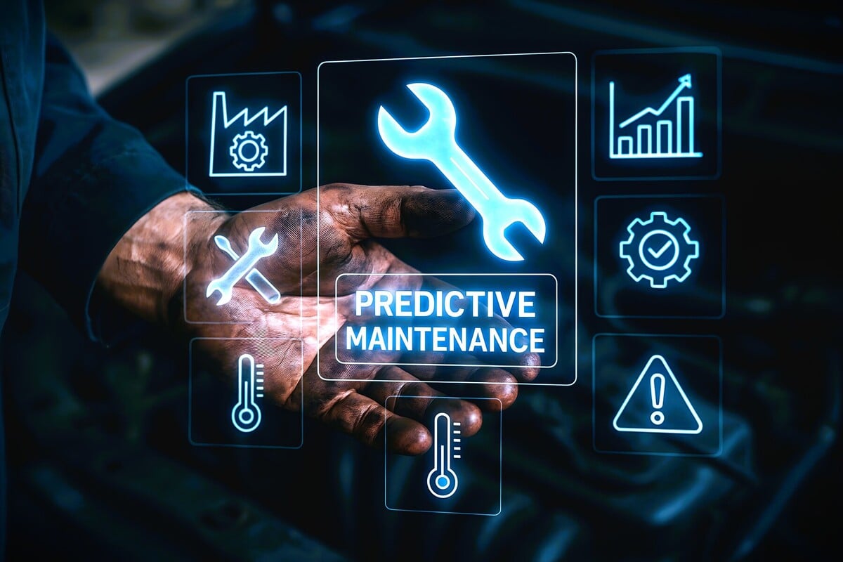 Hand eines Technikers mit digitaler Anzeige für Predictive Maintenance und vorausschauende Wartung in der Industrie