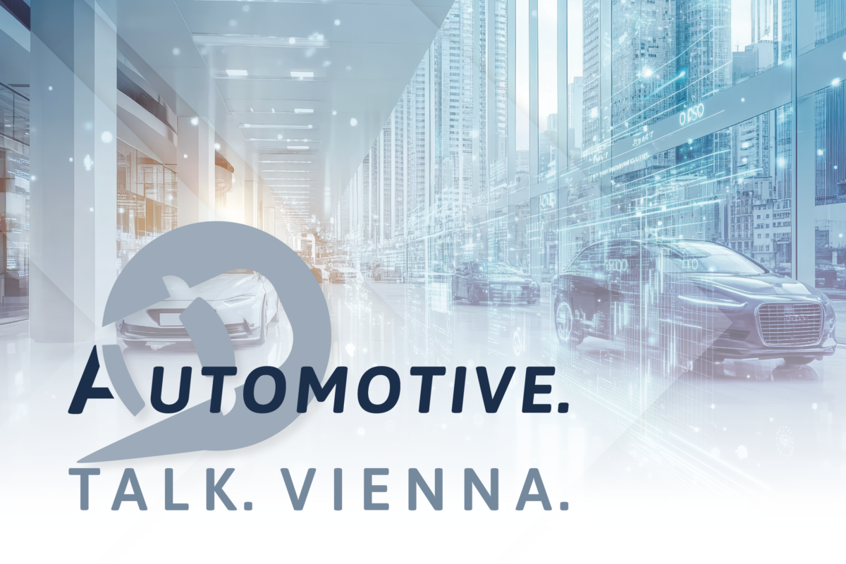 Automotive-Veranstaltung mit futuristischem Autohaus-Interieur, digitalen Fahrzeugvisualisierungen und zwei stilisierten Autos im Hintergrund. Im Vordergrund befindet sich das Logo mit dem Schriftzug ‚Automotive. Talk. Vienna.‘ in Blau- und Grautönen.
