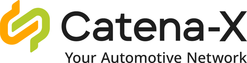 Logo von Catena-X: links ein stilisiertes, ineinandergreifendes Symbol in Orange und Grün, rechts der Schriftzug ‚Catena-X‘ in schwarzer Schrift. Darunter steht der Slogan ‚Your Automotive Network‘.