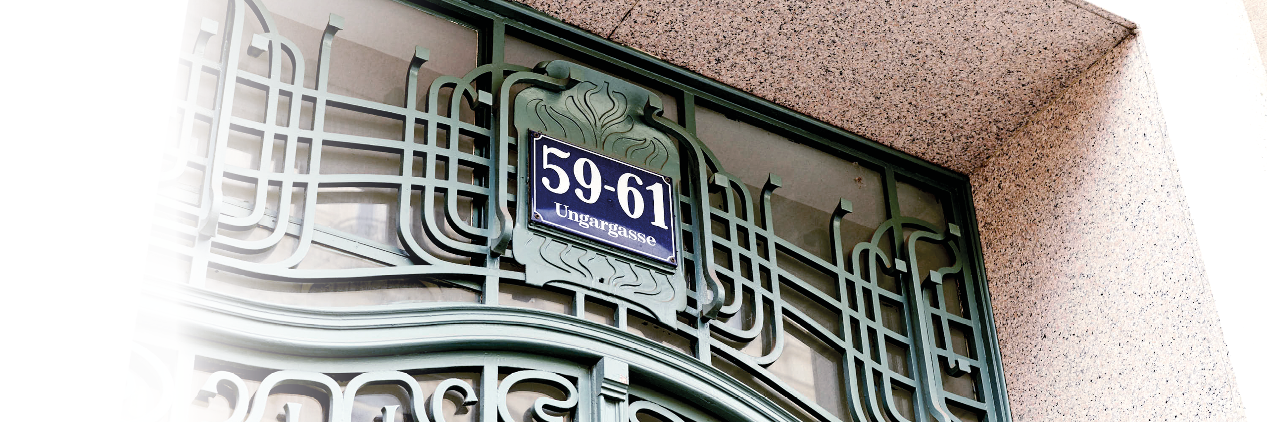 EFS Consulting Büro Eingang in Jugendstil-Fassade in Wien mit dekorativem Metallgitter und Hausnummernschild „59–61 Ungargasse“