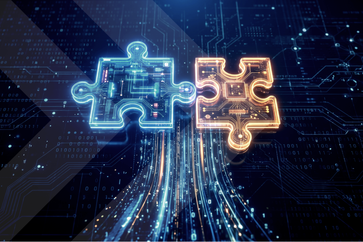 Zwei ineinandergreifende Puzzleteile mit Leiterbahnen auf einem digitalen Hintergrund symbolisieren die Vernetzung und Integration von IT-Systemen.