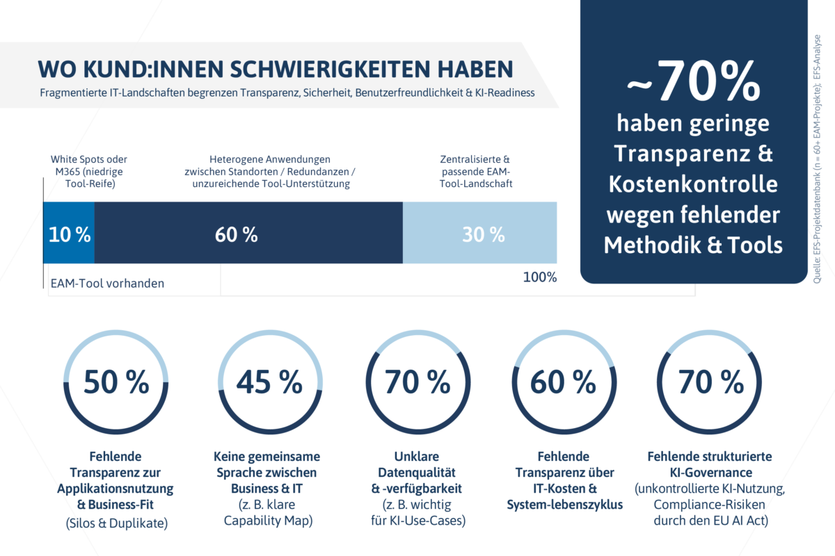 Infografik zu Kundenschwierigkeiten bei Transparenz, Datenqualität und Enterprise Architecture Management.