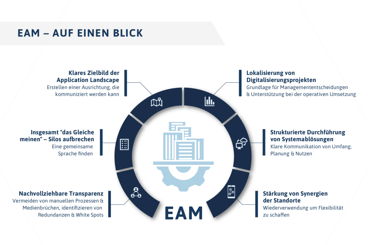 EAM-Überblicksgrafik mit zentralen Bereichen, Prozessen und Zusammenhängen.