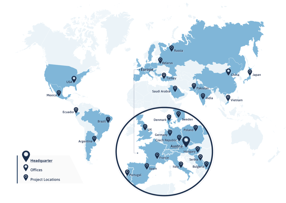 EFS Consulting Weltkarte. Standorte in USA, Mexiko, Ecuador, Brasilien, Argentinien, Russland, China, Japan, Europa und Indien.