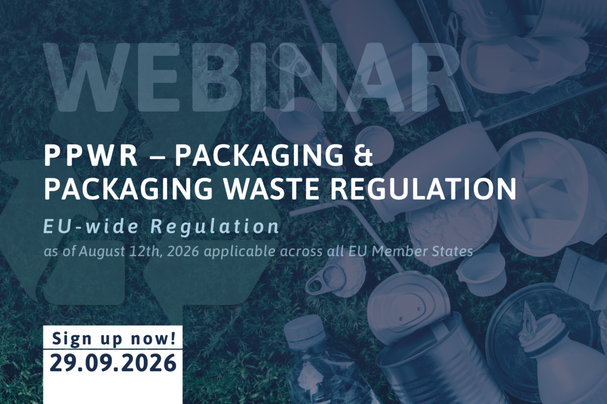 Webinar on the EU Packaging and Packaging Waste Regulation (PPWR). Background image showing various packaging waste items, including plastic bottles, cans, cups, and cutlery, placed on a green natural surface. Text: “PPWR – Packaging & Packaging Waste Regulation. The EU Packaging Regulation. Effective in all EU Member States since August 12, 2026. Register now! September 29, 2026”.
