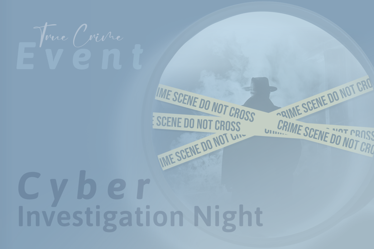 Veranstaltungsgrafik zur Cyber Investigation Night mit Silhouette einer Person hinter Absperrband eines Tatorts als Symbol für Cybersecurity und digitale Forensik.