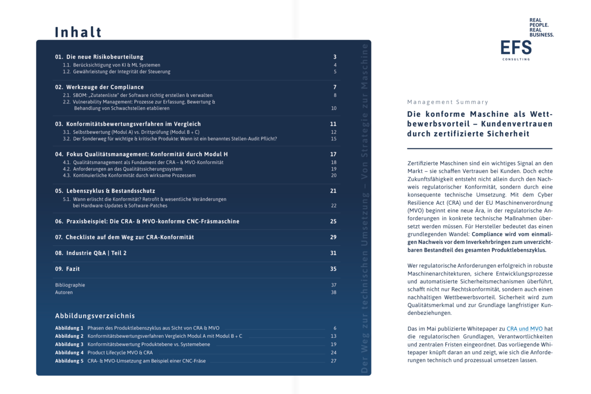 Doppelseite eines Whitepapers mit Inhaltsverzeichnis auf der linken Seite und einer Management Summary auf der rechten Seite. Das Layout ist in Dunkelblau und Weiß gehalten und enthält Kapitelübersichten, Seitenzahlen sowie einen einleitenden Fachtext.