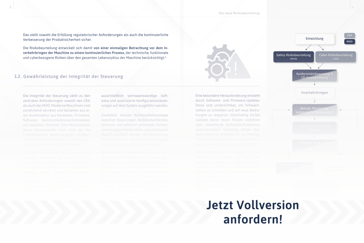 Vorschauseite eines Whitepapers mit Fachtexten und Prozessdiagramm zu Risikobeurteilung und Compliance. Ein Hinweis zur Anforderung der Vollversion ist im unteren Bereich der Seite eingeblendet.