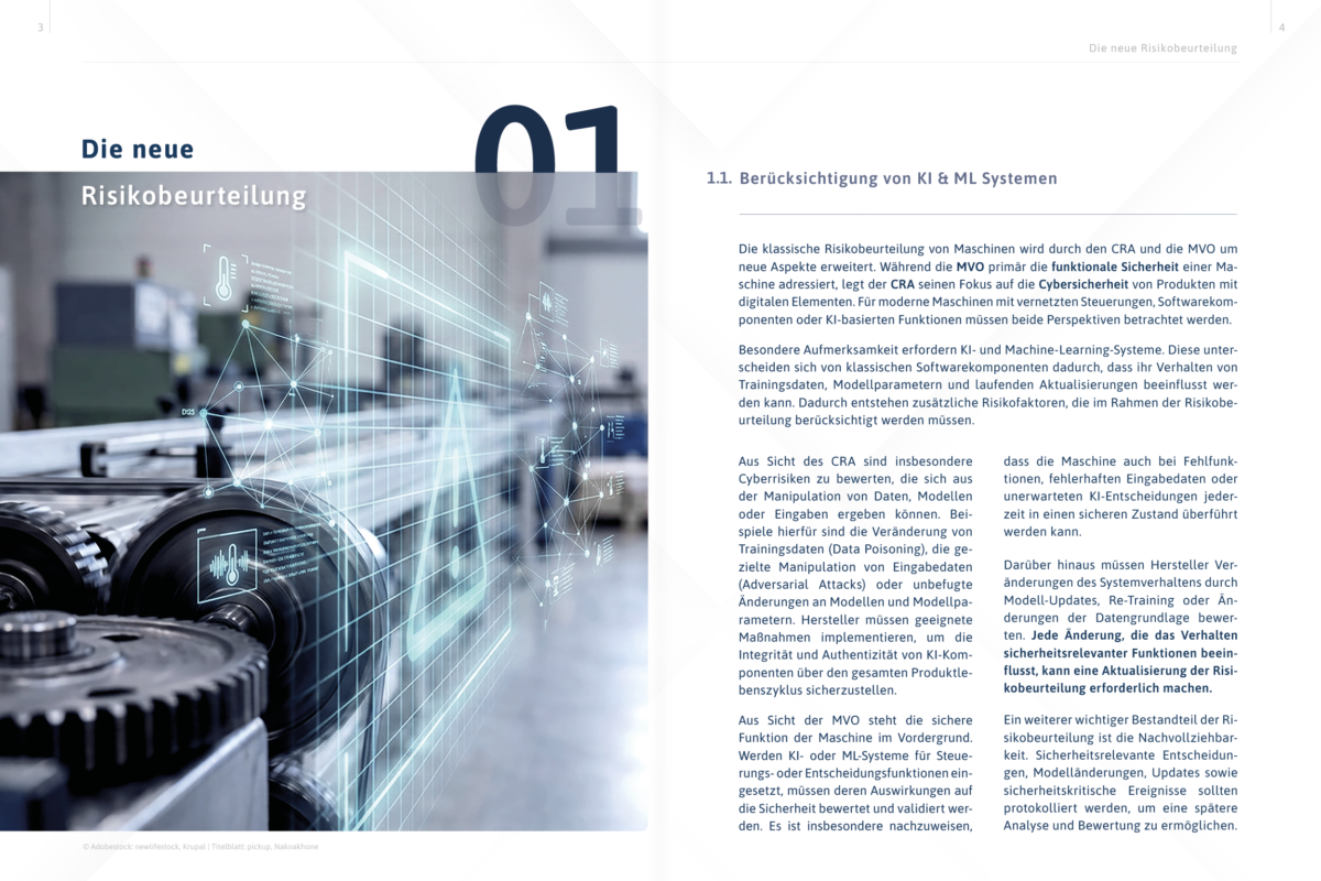 Doppelseite eines Whitepapers zum Thema Risikobeurteilung. Links ist eine industrielle Produktionsanlage mit digital eingeblendeten Netzwerken und Datenelementen dargestellt, rechts befindet sich Fachtext zu KI- und Machine-Learning-Systemen.