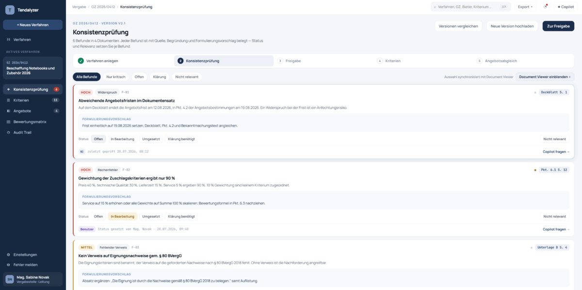 EFS Tendalyzer Tool screenshot von Konsistenzprüfung